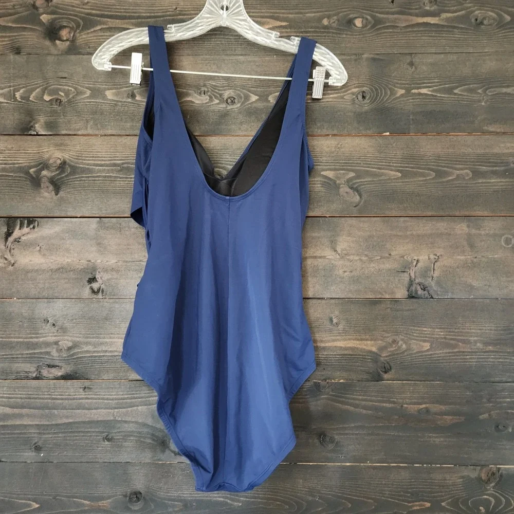 Lands End Womens One Piece Swimsuit Size 14 Navy Blue Grecian Wrap